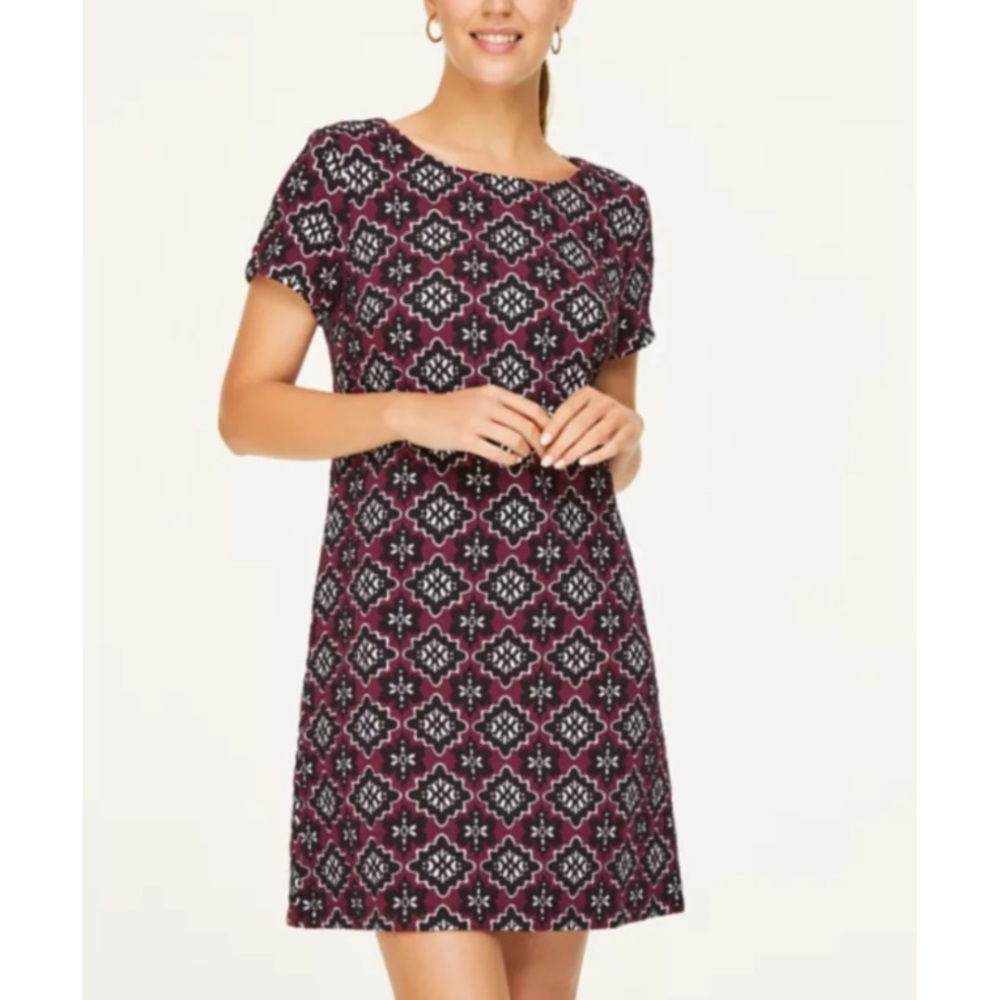 LOFT Jacquard Shift Dress. Navy - Burgundy Textured Fabric. EUC